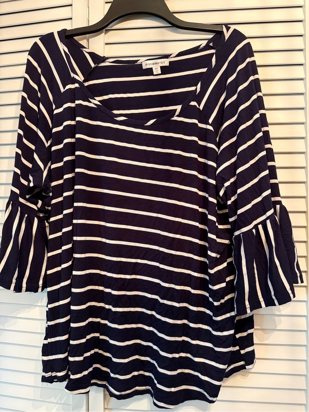 Roommates Navy and White Striped Bell Sleeve Tunic Top